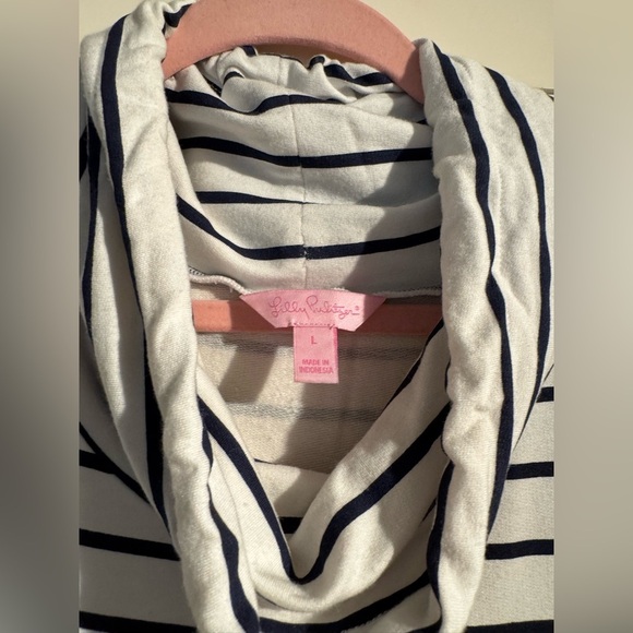 Lilly Pulitzer Hillary Popover Dress UPF 50+ Cowl Neck Stripe Navy White Large - Picture 7 of 11